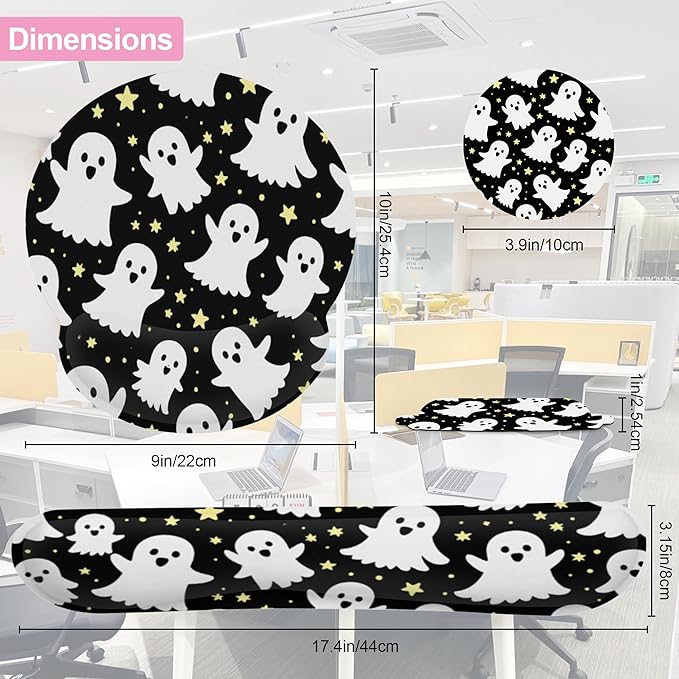 Halloween Ghosts Keyboard Wrist Rest Pad Mouse Pad Set,Ergonomic Mousepad Wrist Support Memory Foam Desk Pad for Gaming Office,Non-Slip Rubber Base Easy Typing for Home Office Computers