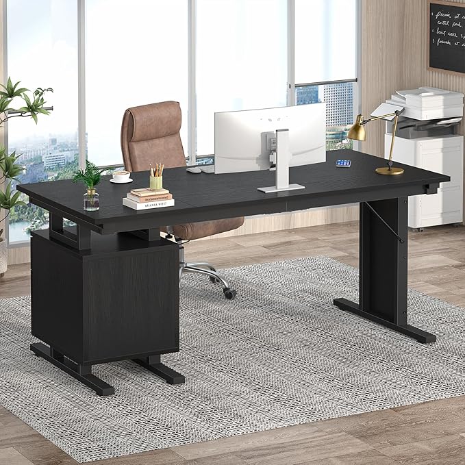 63 Inch Executive Computer Desk with Drawers, Large Office Desk with Storage, Industrial Writing Desk with File Drawer for Home Office, Black