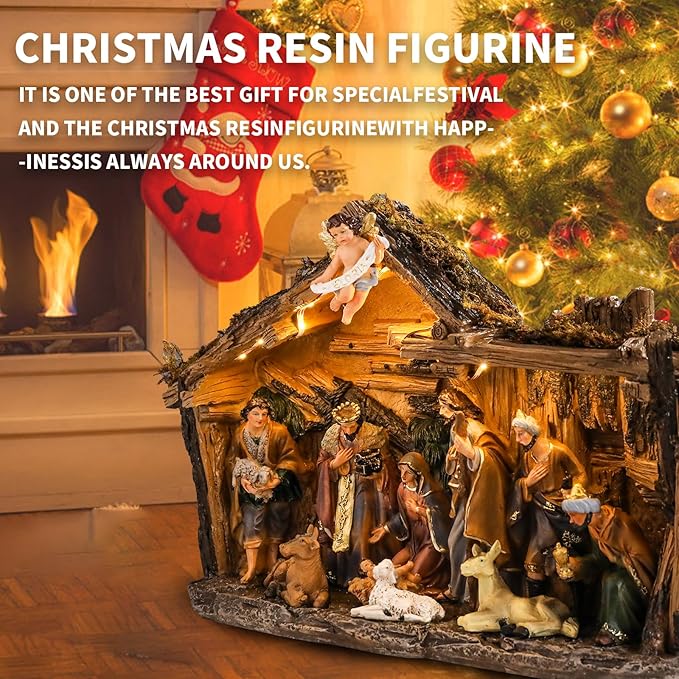 Christmas Nativity Set 9.5 Inch Village with LED Lights Figurine Nativity Music 3AA Batteries Interior Display Figurines Decorate Interior Room Tabletop Decor