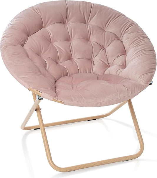 Milliard Cozy Chair/Velour Saucer Accent Chair for Bedroom/X-Large (Pink/Wood-Tone)