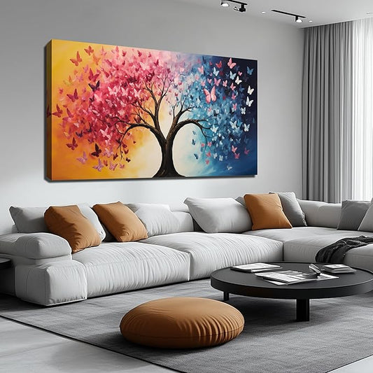 GUGIKA Tree Wall Art for Living Room, Pink Gold and Blue Butterflies Canvas Wall-Decor for Bedroom, Natural Picture Print for Hallway, Large Size 59x29 Inches