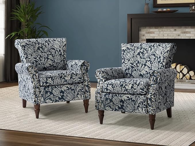 HULALA HOME Navy Wingback Accent Chairs Set of 2 with Wood Legs & Removable Cushion, Comfy Upholstered Armchairs with Nailhead Trim, Floral Pattern Single Sofa Chairs for Living Room Bedroom
