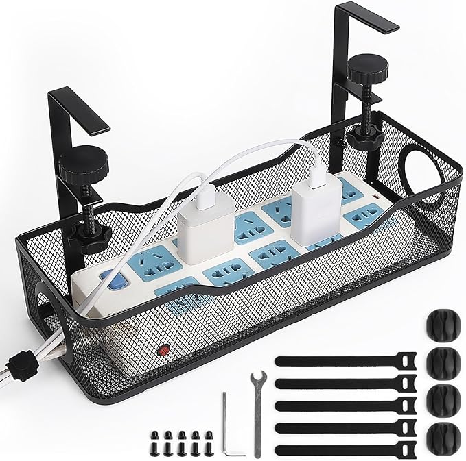 Under Management Tray Kit No Drill, Metal Mesh Cable Management Under Desk Cable Tray with Clamp for Wire Management and Cord Organizer Cable Rack for Home Office Desk (Black)