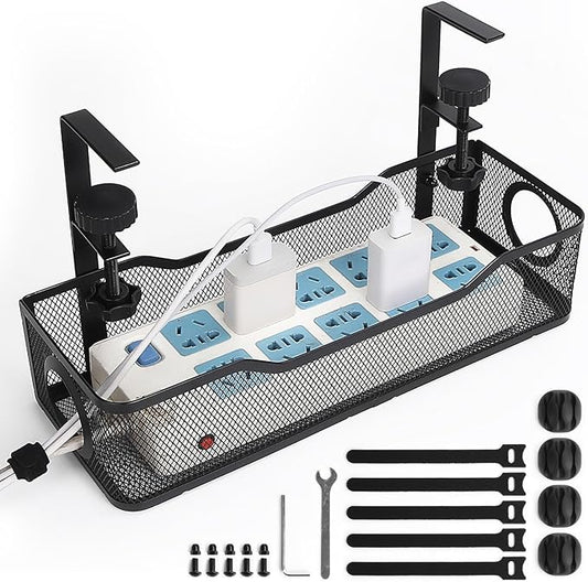 Under Management Tray Kit No Drill, Metal Mesh Cable Management Under Desk Cable Tray with Clamp for Wire Management and Cord Organizer Cable Rack for Home Office Desk (Black)