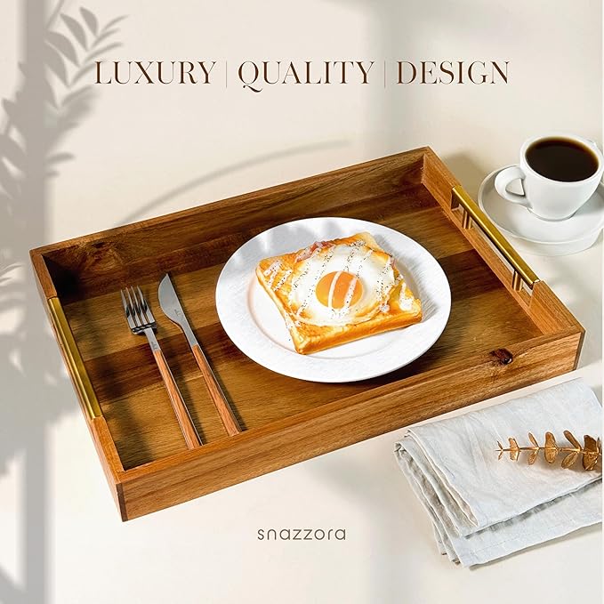 Acacia Wood Serving Tray - Set of 3 with Golden Steel Handles 18", 16" & 14" with 6 Coasters - for Coffee Table, Ottoman in Living Room, Breakfast in Bed, Jewelry, Decorative