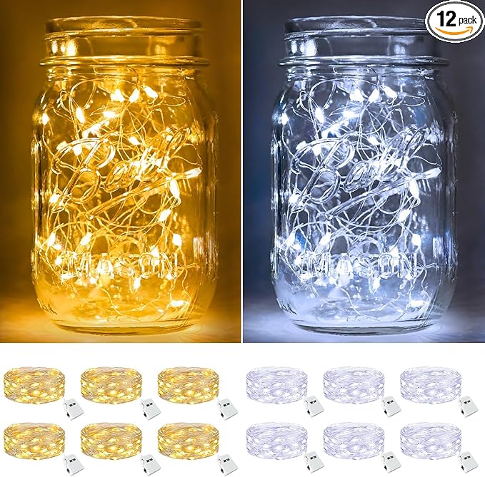 btfarm 12 Pack Fairy Lights Battery Operated [3 Modes], 7ft 20 Led Twinkle Lights String Lights Waterproof Bulk Small Mini Silver Wire for Christmas Mason Jars Wedding Table Centerpiece