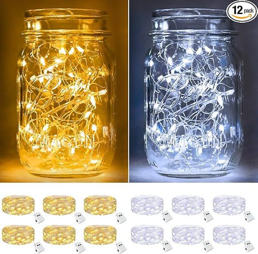 btfarm 12 Pack Fairy Lights Battery Operated [3 Modes], 7ft 20 Led Twinkle Lights String Lights Waterproof Bulk Small Mini Silver Wire for Christmas Mason Jars Wedding Table Centerpiece