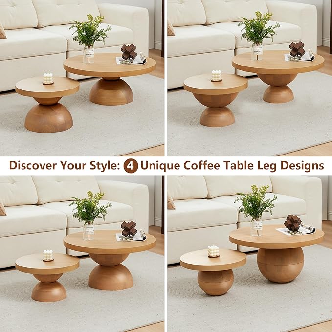Solid Wood Round Nesting Coffee Table Set of 2, Circle Accent Tables with Unique Semi-Circular Legs, Mid Century Modern Side End Table Set for Small Space Living Room Office (Natural Oak)