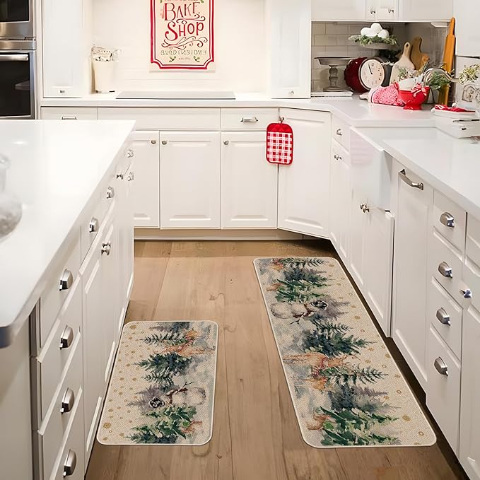Christmas Snowman Reindeer with Scarf Decorative Kitchen Rugs Set of 2, Seasonal Winter Welcome Xmas Home Decor Low-Profile Kitchen Mats for Floor - 17x29 and 17x47 Inch