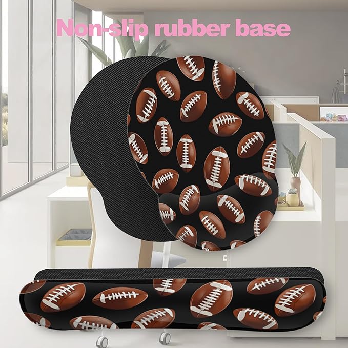 American Football Keyboard Wrist Rest Pad and Mouse Pad Wrist Support Set,3-in-1 Ergonomic Mouse Pad with Non-Slip Rubber Base for Home Office Game Computers Desk,