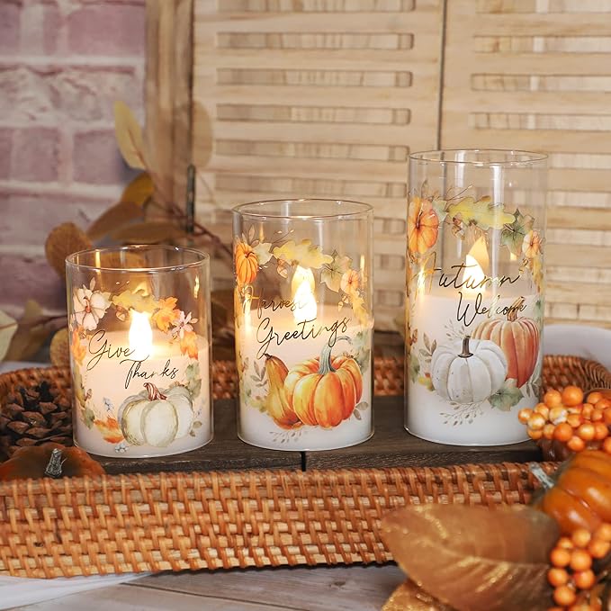 Fall Decor Flameless Candles with Remote Thanksgiving Gift Set of 3 Autumn Theme Autumn Ornament LED Home Decor Battery Operated Timer Pumpkin Maple Leaves Painting Harvest