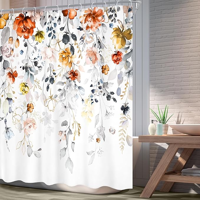 Yellow Orange Floral Shower Curtain 60Wx72L Inch Flower Pastel Watercolor Rustic Eucalyptus Leaf Bathroom Set Country Plant Botanical Shabby Bath Curtain Bathtub Accessories Home Decor