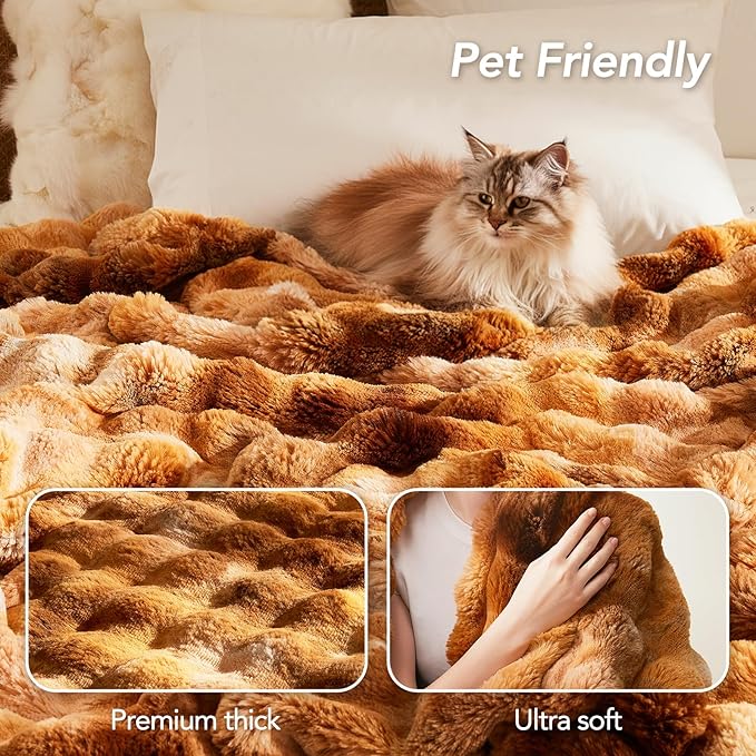 L'AGRATY Faux Fur Throw Blanket: 60" x 80" Luxury Soft Fluffy Thick Rabbit Fur Blankets for Twin Bed Couch - Cozy Plush Bubble Blankets for Home Decor: Warm Flannel Fleece Decorative Blanket