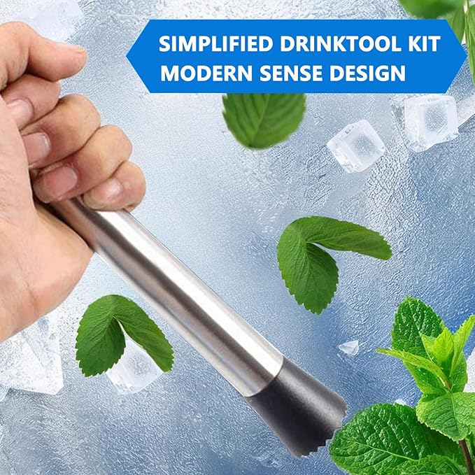 Muddler for Cocktails,10" Bar Spoon & Ice Tongs with Serrated Tip, 3Pcs Stainless Steel Bar Tools Set for Mojitos, Lemonade, Fruit Drinks, Home Party Bar Accessories
