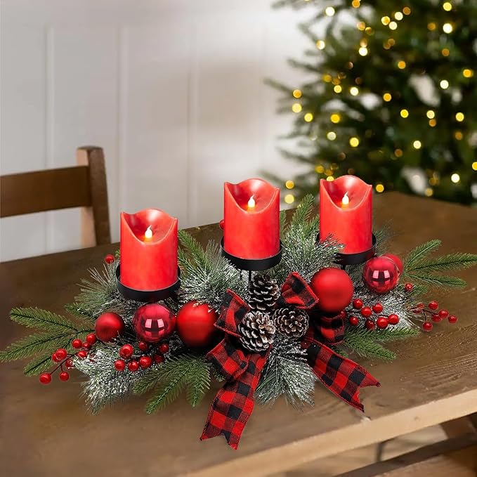 27.5-Inch Christmas Table Centerpiece with Candle Holders, Red Berries, and Pine Cones