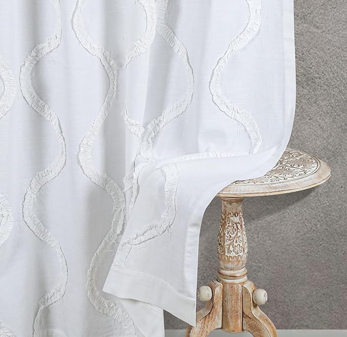 Bedding Craft White Cotton Farmhouse Tab Top Curtains Set of 2, 96" Long x 50" Wide, White 2 Panel Drapes Curtains,Frill Trim Semi Sheer Light Filtering Drapes, Pack of 2