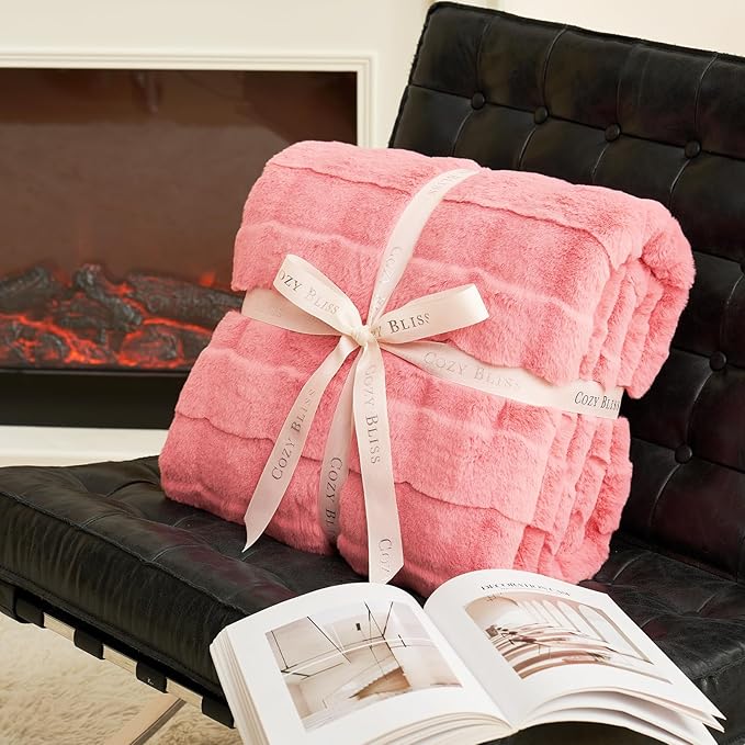 Cozy Bliss Fluffy Pink Faux Fur Throw Blanket for Couch,Warm Cozy Soft Throw Blankets for Sofa Bed Living Room,50x60 Inches