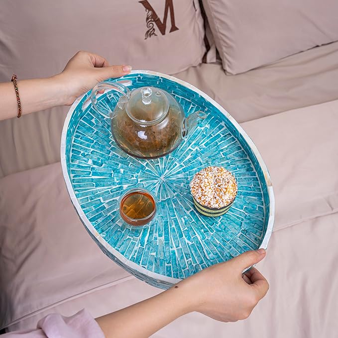 PEMAR 15.7" x 11.8" Oval Capiz Shell Serving Tray, Decorative Ottoman Tray for Living Room, Coffee Table, Breakfast in Bed, Candle Display (Teal Sunlight)