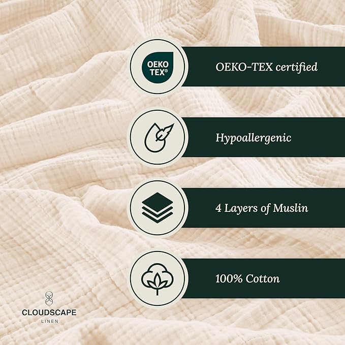 Cloud Scape Linen Extra Large 4 Layer Muslin Throw Blanket - 100% Cotton Gauze, Lightweight & Breathable All Season, Pre-Washed, for Couch & Bed, 50x70, Ivory