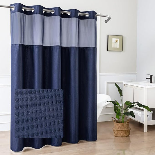 Mrs Awesome No Hook Shower Curtain with Snap-in Liner, Embossed Waffle Design Fabric Shower Curtain for Bathroom, Soft & Lightweight, 71x74, Navy Blue