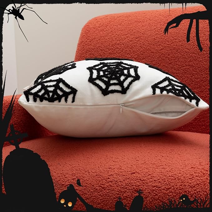 Set of 2 Halloween Spider Web Throw Pillow Covers 18x18 Inch Black White Spider Web 3D Protruding Throw Pillow Cases Soft Halloween Couch Cushion Case for Home Sofa Room Decoration
