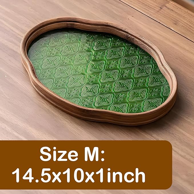 IwaiLoft Glass Serving Tray with The Crabapple Pattern Glass and Walnut for Kitchen Countertop Home Decor for Coffee Table, Also Suitable for Tea Coffee Decorative Trays (Green,14.5" x 10" x 1")