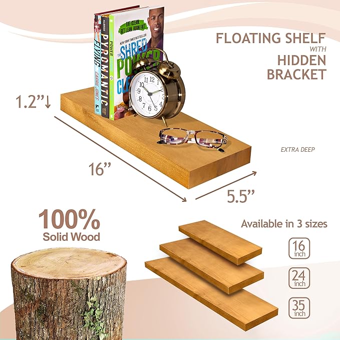 Sorbus Wood Floating Shelves for Wall - 16” Solid Wall Shelves for Bathroom, Bedroom & Living Room - Set of 2 Maple Wood Wall Mounted Shelves - Durable Solid Pine