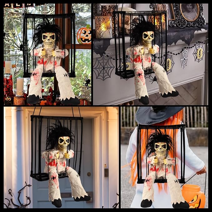 Animated Halloween Decorations, Skull Ghost Hanging Decoration Prop, Scary Skull Prisoner Halloween Decorations Props with Motion Sensor & Sound, Light Up Eyes, for Home Indoor Outdoor Decoration