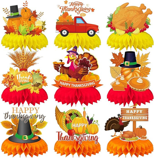 9Pcs Thanksgiving Centerpiece Fall Centerpiece Table Decorations Pumpkin Turkey Honeycomb Thanksgiving Table Centerpiece for Thanksgiving Table Decoration Autumn Theme Birthday Party Supplies