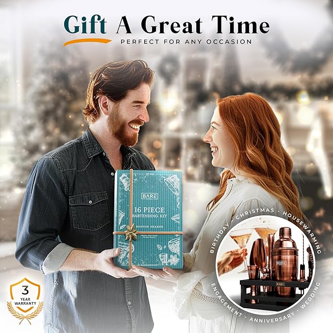 BARE BARREL® Mixology Bartender Kit Bar Set | 16-Piece Cocktail Shaker Set | Martini Barware Mixing Tools for Home Bartending | Incl. 35 Recipe Cards | Gift Set (24oz Cobbler Shaker, Copper/Black)