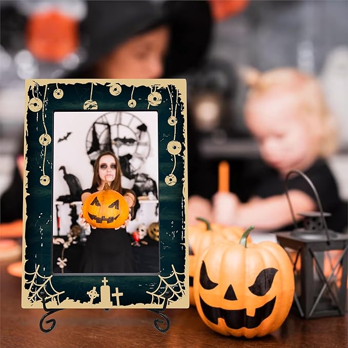 4X6" Halloween Picture Frame With A Metal Stand-Dark Style,Gifts for Kids Friends Family, Spider Web Wooden Photo Frame For Tabletop Display,Black Print,Halloween Decoration,Halloween Theme-A25