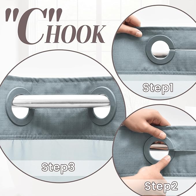 No Hook Slub Textured Shower Curtain with Snap in Liner - Stone Blue Fabric Outer Curtain & Waterproof Inner Liner, Hotel Style with See Through Top Window, 71x74 in