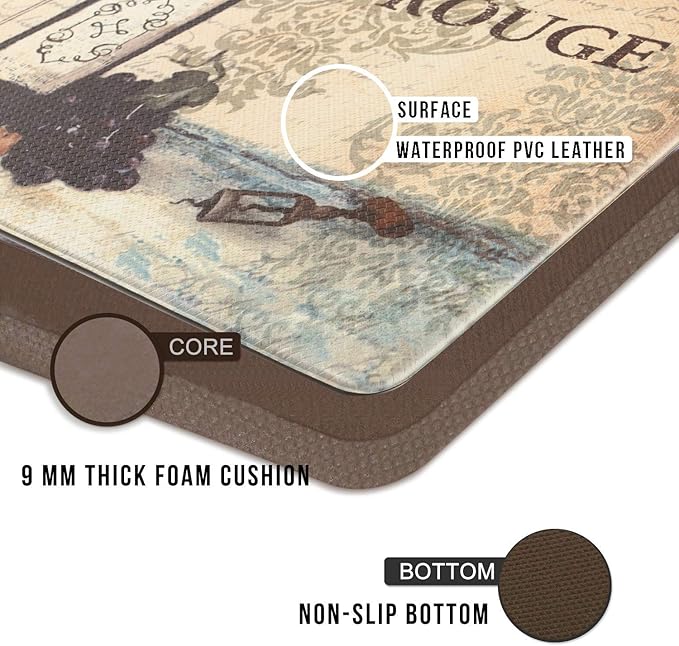 FRESHMINT Farmhouse Kitchen Mats Sets 2 Piece Cushioned Comfort Mat for Home & Office Ergonomically Engineered Memory Foam Kitchen Rug Waterproof Non-Skid, 30" by 17" + 47" by 17",Wine