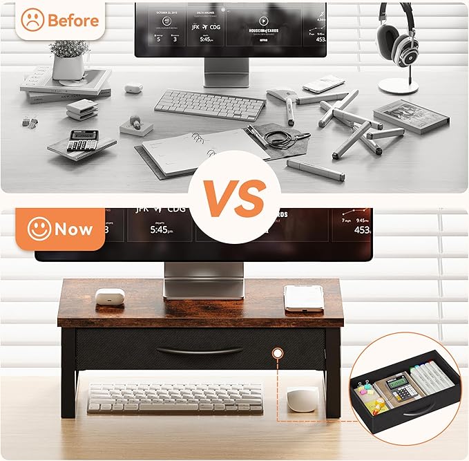 Computer Monitor Stand Riser with Drawer, 2-Tier Desk Accessories & Workspace Organizers, Laptop Stand for Desk with Storage, Office Organization, Wood