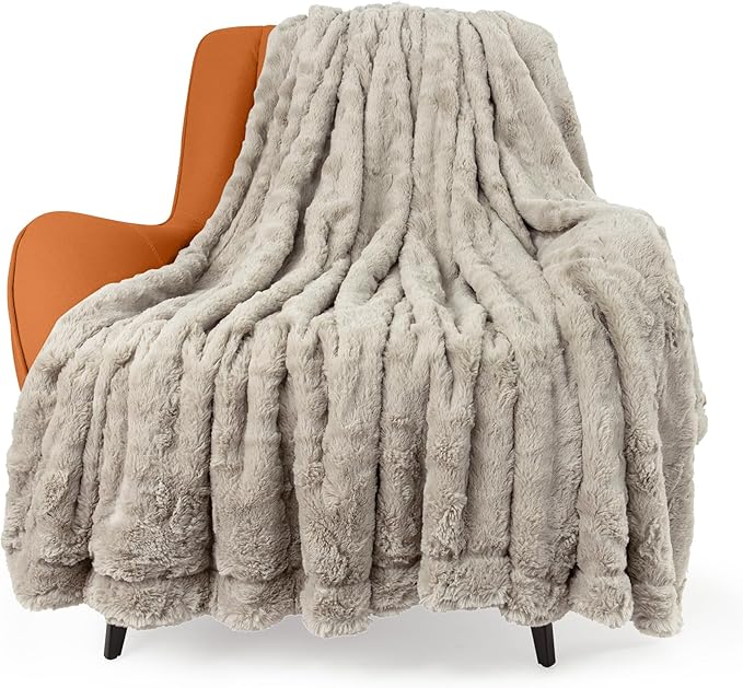 TOONOW Faux Fur Luxury Throw Blanket,Double Side Soft Fluffy Shaggy Fuzzy Blanket for Couch Sofa Bed (Pumice Stone, Throw)