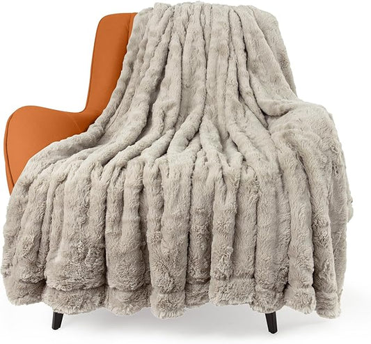 TOONOW Faux Fur Luxury Throw Blanket,Double Side Soft Fluffy Shaggy Fuzzy Blanket for Couch Sofa Bed (Pumice Stone, Throw)