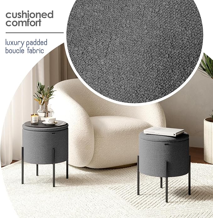 STORAGEBUD Round Ottoman with Storage, Boucle Storage Foot Stool, Makeup Vanity Stool, Small Ottoman Foot Rest, Modern Ottomans for Living Room and Bedroom, Grey
