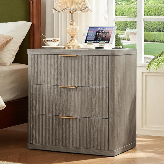LEYAOYAO 23" Wide Fluted Night Stand with Charging Station,3 Drawers Large End Table with Storage,Grey Nightstand Wood Bedside Tables, Farmhouse Cabinet Dresser for Bedroom,Closet