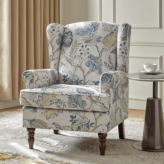 HULALA HOME Wingback Accent Chair with Retro Wood Legs, Traditional Fabric Armchair for Living Room Bedroom, Comfy Upholstered Single Sofa Chair Reading Chair with Unique Pattern Design, Blue