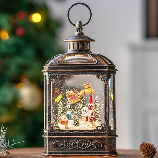 Christmas Snow Globe Lighted Church & Flying Santa Scene, Musical Snow Water Lantern Swirling Glittering Home Decoration and Gift, Battery Operated or USB Powered