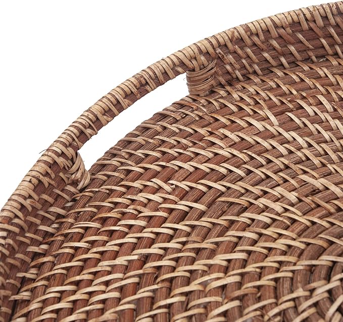 Round Rattan Woven Serving Tray with Handles Ottoman Tray for Breakfast, Drinks, Snack for Coffee Table, Home Decorative (16.9 inch, Honey Brown)