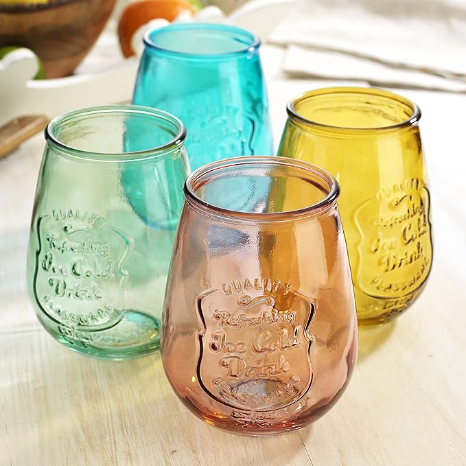 Glaver's Stemless Wine Glasses Set of 4 – 21oz Assorted Colored Wine Tumblers– Unique Embossed Logo, Vintage Cute Wine Glasses for, Beer, Juice, Cocktails, Fresh Drinks, Beverages, and more.