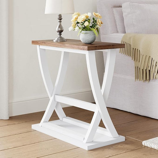 ChooChoo Farmhouse End Table, Narrow Side Table with Storage Shelf, Modern X-Design Slim End Table for Living Room,Bedroom, Small Space, 11.8" D*23.6" W*23.4" D