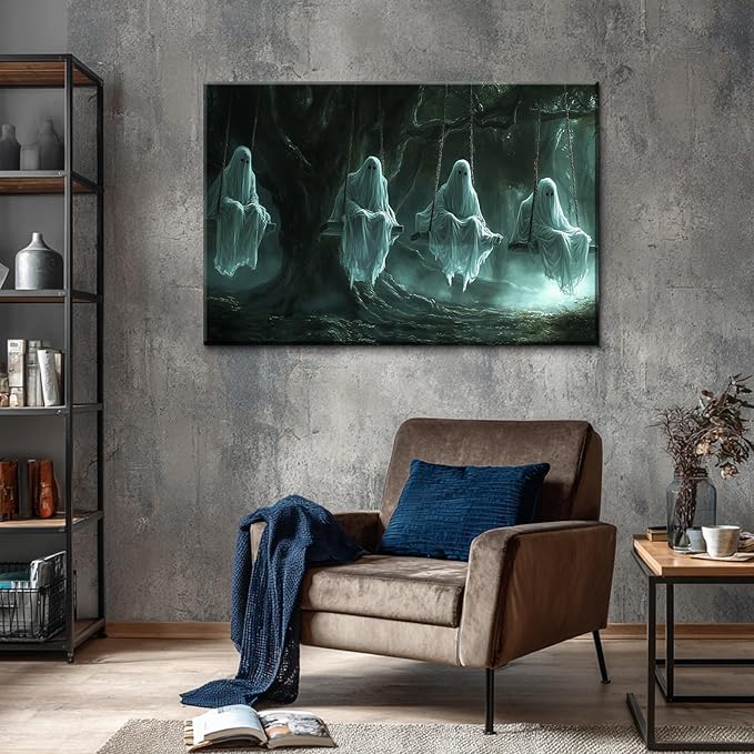 BANHUA1 Vintage Halloween Canvas Wall Art, Funny Ghosts Swing in Forest Print, Gothic Dark Academia Wall Decor, Creepy Spooky Abandoned Art Halloween Pictures, 40 x 28 Inch