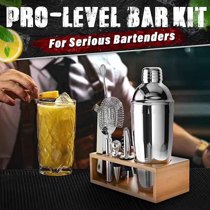 Bar Tool Set – Stainless Steel Mixed Drink Shaker Set with 10 Accessories, Durable & Easy to Clean – Bartender Kit with Stand | Wooden Organizer for Home Bar Setup, Great Gift for Cocktail Enthusiasts