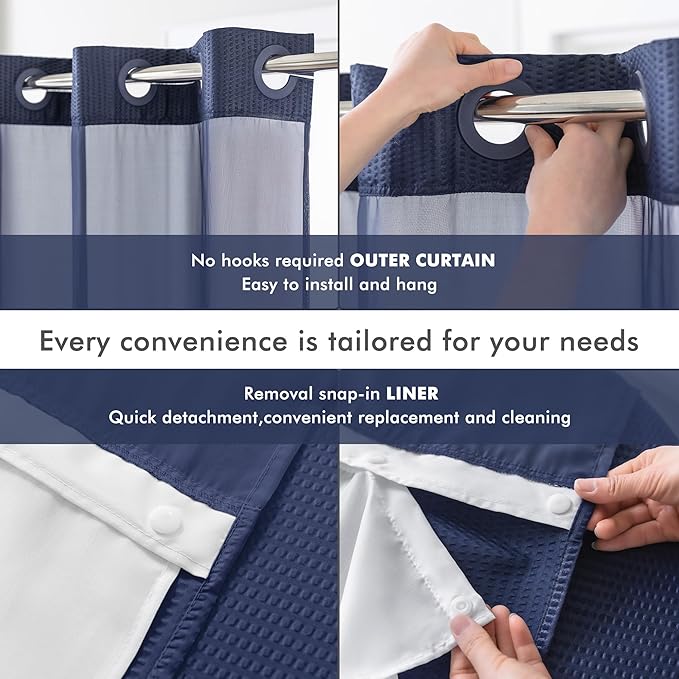 Mrs Awesome No Hook Shower Curtain with Snap-in Liner, Embossed Waffle Design Fabric Shower Curtain for Bathroom, Soft & Lightweight, 71x74, Navy Blue