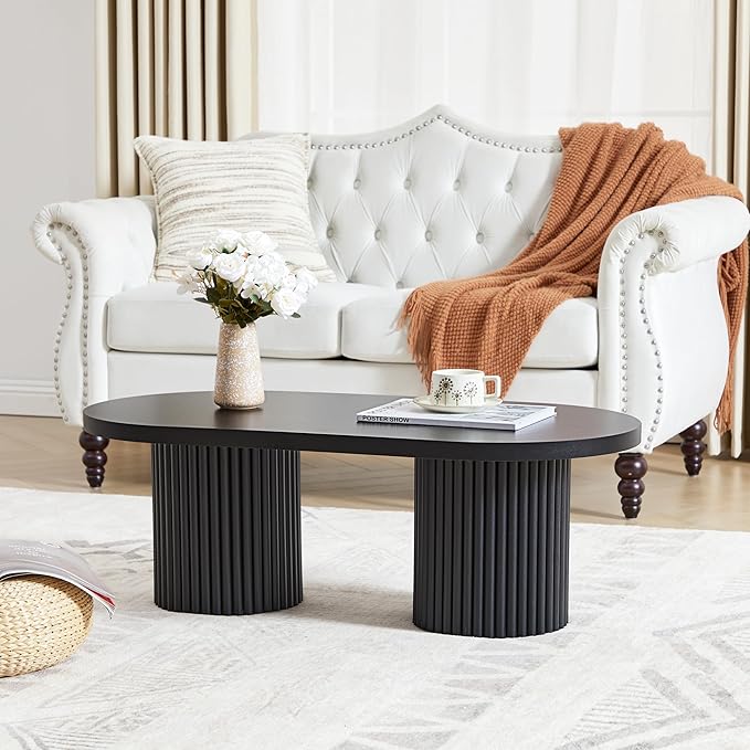 AVZEAR Oval Fluted Coffee Table for Living Room, Mid Century Modern Coffee Table with Fluted Legs, Curved Round Wooden Center Table for Home, Office, Cafe, Black (39.38" x 19.69" x 13.78")