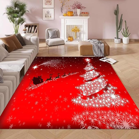 kxry Area Rugs 4X6 Feet, Merry Christmas Soft Machine Washable Area Rugs Santa Claus Deer Xmas Tree Galaxy Red Non Slip Foldable Floor Carpet for Living Room Bedroom Dining Room Dorms