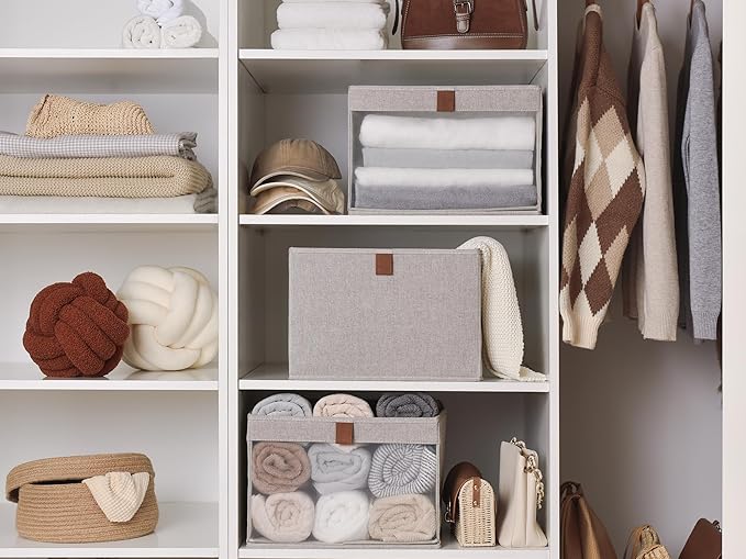 StorageWorks Closet Storage Bins, Extra Large Storage Baskets with Clear Window and Handles, Foldable Fabric Organizer for Clothes, Shelves, Brown and Beige, 3 Pack