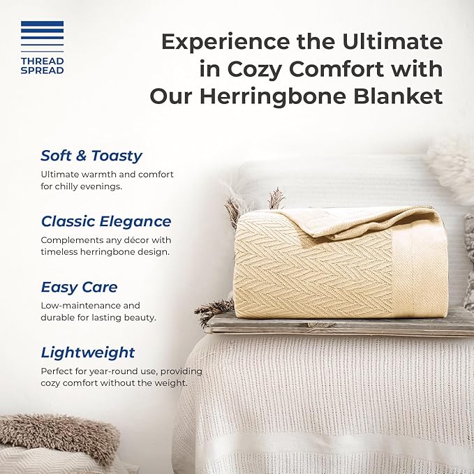 THREAD SPREAD Knitted Geometric Herringbone Pattern Handwoven Blanket 100% Extra Long Staple Cotton - Soft & Cozy Thermal All Season Throw for Bed Couch Chair Outdoors (King/Cal King, Beige)